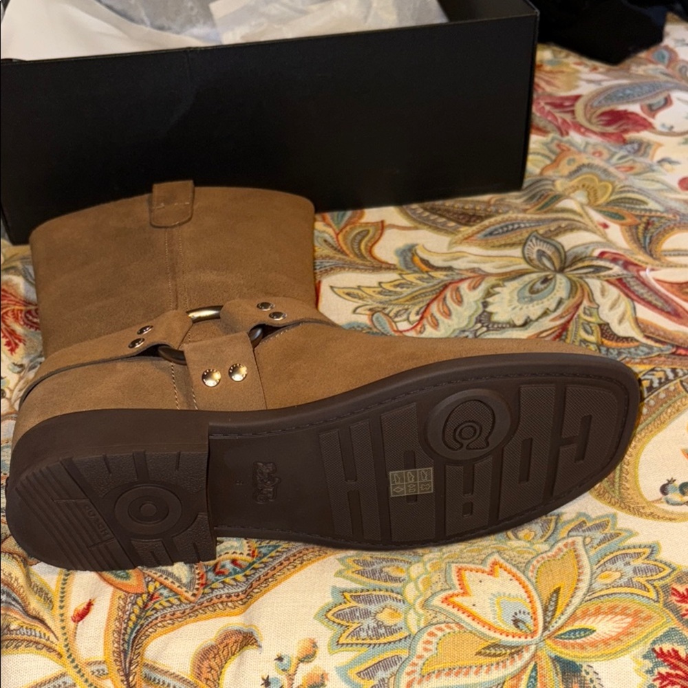 Coach Brown Suede Tara Moto Pull-On Harness Biker Boots NIB - Picture 6 of 7